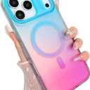 Aesthetic Case for iPhone 17 Pro Case for Women Girls [Compatible with Magsafe] Cute Girly Trendy Glitter Sparkly Rainbow Magnetic Protective Phone Cover, Matte Iridescent Blue & Pink