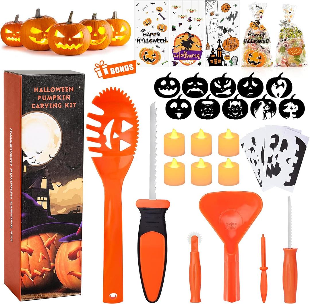 Pumpkin Carving Kit for Kids, 6 Easy Halloween Pumpkin Carving Tools Set, 6 LED Candles, 10 Carving Stencils & 20 Halloween Cellophane Candy Bags