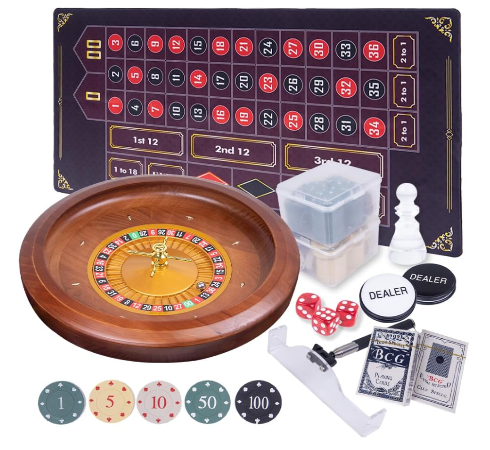 Wooden Roulette Wheel Set, Solid Wood Roulette Wheel With Retractable Chip Rake，200 Chips, Roulette Marker, 2 Decks of Cards, 3 Dices,1 Dealer Button Win Marker, 6 Roulette Balls, 1 Storage Bag