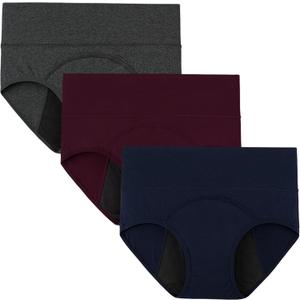 INNERSY Period Underwear for Women Leakproof High Waisted Menstrual Cotton Panties 3 Pack (Medium, Dark Red&navy&gray)