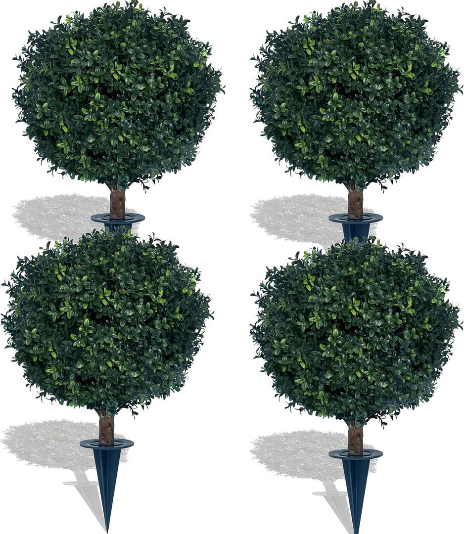 kyesyes Artificial Boxwood Ball Bush 27" Tree BLONYUVC UV Resistance Rated with Spike. Easy to Push in The Ground.Plant Looks Great in a Planter Anywhere. Indoor/Outdoor Decor 4 Pack