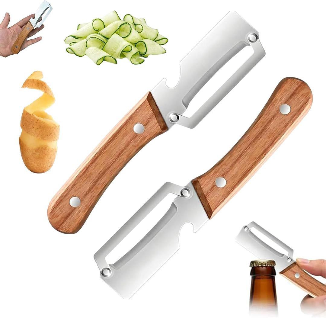 2-in-1 Stainless Steel Vegetable Peeler with Wooden Handle & Bottle Opener, Multifunctional Peeler for Potato, Pumpkin, Papaya, Zucchini, Carrot, Kitchen Tool for Fruit and Vegetables (2PCS)