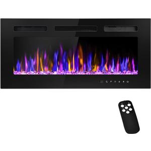 36" Electric Fireplace Wall Mounted and Recessed with Remote Control, 750/1500W Ultra-Thin Wall Fireplace Heater W/Timer Adjustable Flame Color and Brightness, Log Set & Crystal Options