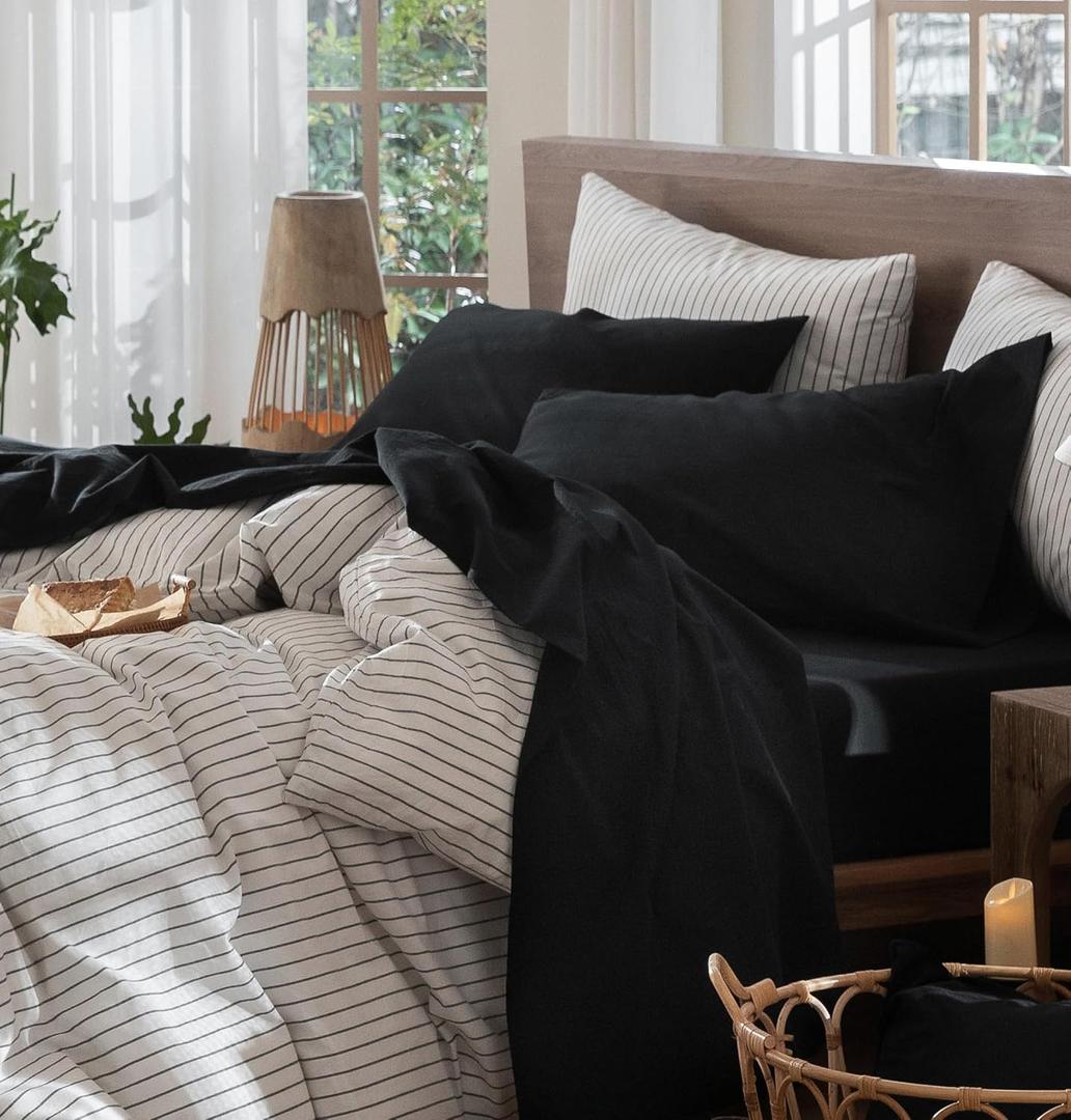 MooMee Bedding Sheet Set 100% Washed Cotton Linen Like Textured Breathable Durable Soft Comfy (Solid Black, Queen)