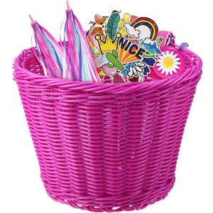 Kid's Bicycle Basket Streamers Set, Children's Bike Handlebar Wicker Basket with Colourful Bike Streamers Bell and Stickers, Bike Decoration Accessories Kit for Girls