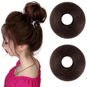2 PCS Human Hair Messy Bun Hair Piece, Straight Scrunchie Chignon Ponytail Extensions, Natural Looking Hair Bun for Women Kids Brides, Daily Work Wedding Hairstyle Dark Brown
