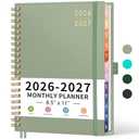 RETTACY 2026-2027 Monthly Planner, Jan 2026 - Dec 2027, Large Size (8.5" x 11"), Agenda, Calendar, 24 Month Tabs, Flexible Plastic Cover, 100 GSM Thick Paper, Spiral-bound (Light Green)