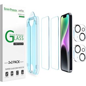 amFilm (2+2 PACK OneTouch Compatible with iPhone 14 Plus 6.7 Tempered Glass Screen Protector and Camera Lens Protector, Edge to Edge Full Coverage with Easy Installation Kit