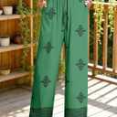 CRAZY GRID Women's Boho Wide Leg Pants Summer, Carving Green, L | Side Pocket Trousers,Stretchy Waistband,Soft Lounge Wear,Cool Breezy Material,Loose Fit,Palazzo Style,Spring Casual (L)