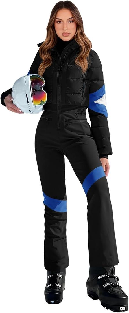Yousify Womens Onesie Ski Suit Winter Outdoor Sports Warm Waterproof Snowsuit Color Block Jumpsuits Snow Jackets (Medium, Black)