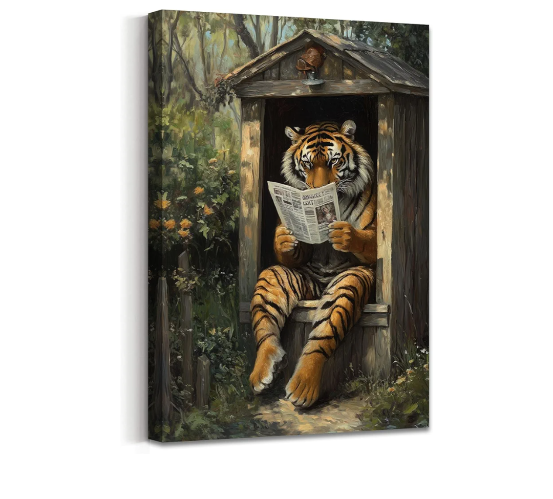 Animal Bathroom Wall Art Tiger Reading Newspaper Poster Outhouse Toilet Painting Forest Wildlife Canvas Prints Rustic Cabin Picture Restroom Decor Frame (16"x 24")