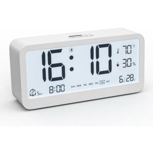 PASIVOLE Digital Alarm Clock Battery Powered with Date | Indoor Temperature | Humidity | LCD Display | Dual Alarms | Snooze and Backlight Desk Small Clock (White)