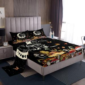 Watercolor Mushroom Bed Sheet Cartoon Moon Cute Dreamcatcher Exotic Sheet Set for Kids Teens Adults Wild Butterfly Leaves Starry Galaxy Bedding Set with Flat,Fitted Sheet,2 Pillowcases Queen Size (QUEEN (W60*L80*H16"))