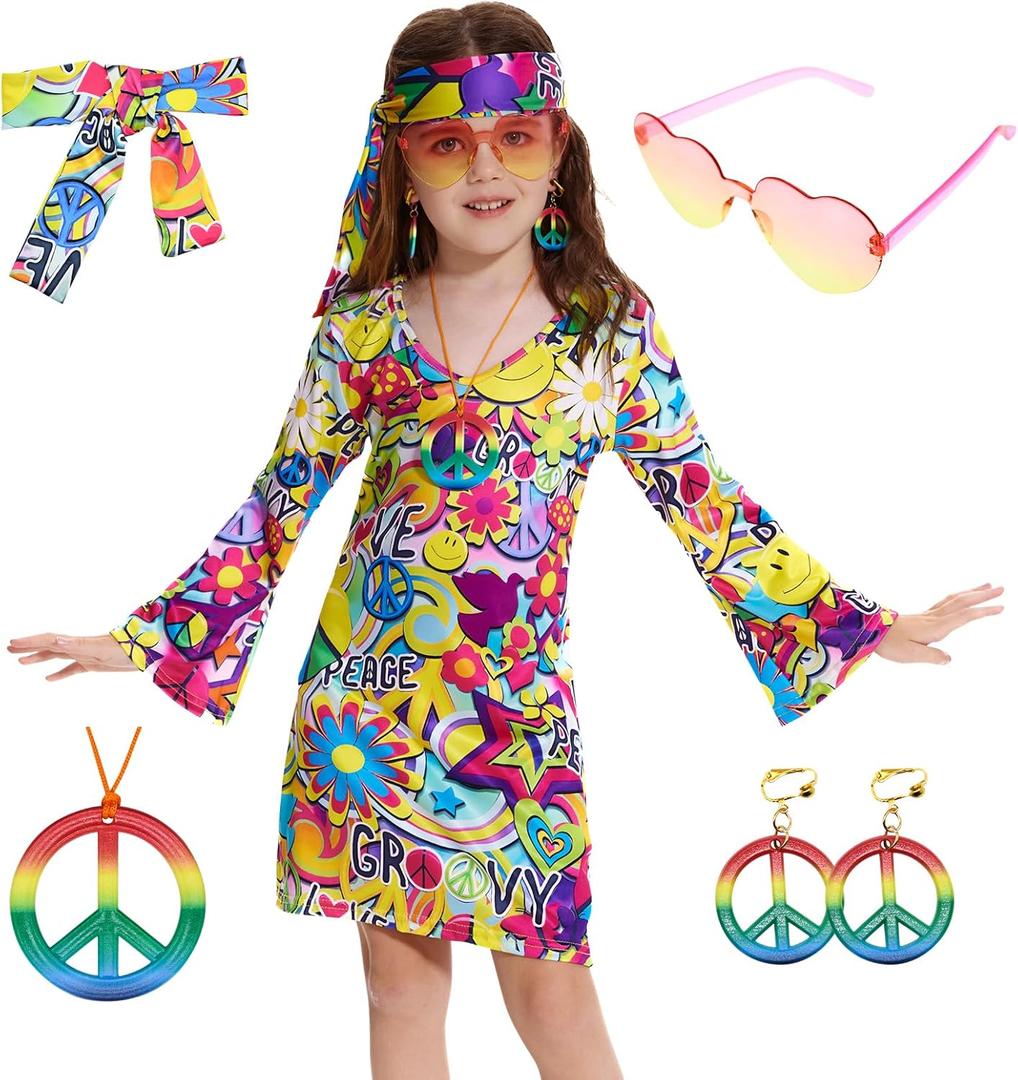 70s Hippie Dress for Girls, 1970s Outfits Peace Sign Necklace Headband, 60s Themed Party Costumes for Kids 5-14 Years (Peace Love Colourful)