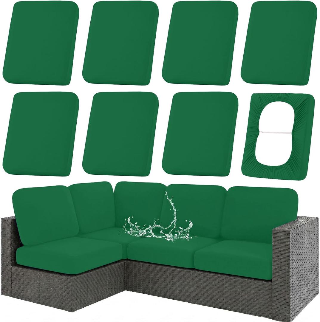 hyha Waterproof Outdoor Cushion Covers for Patio Furniture, Stretch Patio Chair Cushion Slipcovers, Coated UV Resistant Replacement Seat Covers, Solid Color (Green, 8PC)