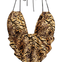 Verdusa Women's Sexy Leopard Print Deep V Halter Crop Tops Ruffle Going Out Top Party Clubwear XS
