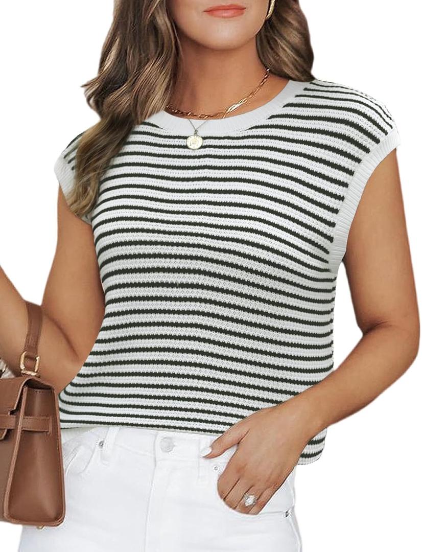 CiCiBird Women Summer Cap Sleeve Sweaters Knit Crew Neck Pullover Tank Tops 2025 Casual Trendy Shirt (XL)