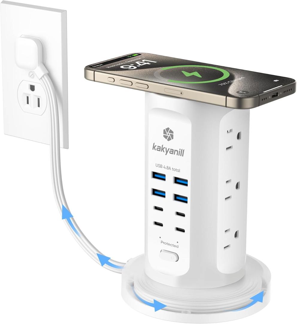 Power Strip Tower, Kakyanill Surge Protector Tower 9 AC Outlets 8 USB (4 USB C), 6 Ft Retractable Extension Cord, Charging Station for Office Dorm Room, White