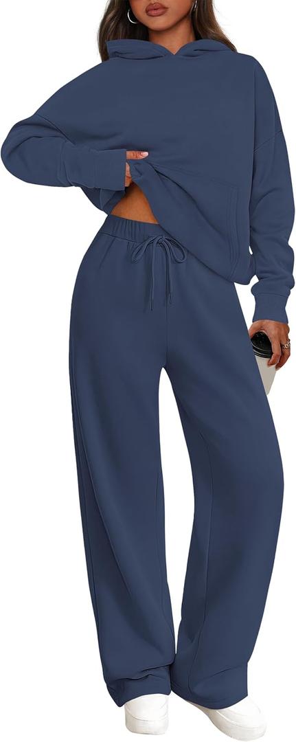 PRETTYGARDEN Women's 2 Piece Outfits Spring Sweatsuits Oversized Hoodies Wide Leg Sweatpants Tracksuits Lounge Matching Sets (Grey Blue,M)