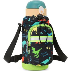Water Bottle Carrier for Kids - Water Bottle Holder with Strap, Boys Water Bottles Sling Bag for 10/12/14/16/18Oz Water Bottles Walking Hiking Trip Camping, Black Dinosaur