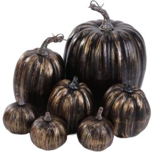 Lizxun 7 Pcs Artificial Pumpkins Halloween Simulated Foam Orange Pumpkin, Harvest Fall Foam Pumpkins for Autumn Thanksgiving Home Party Supplies (7pcs Black Gold-A1)