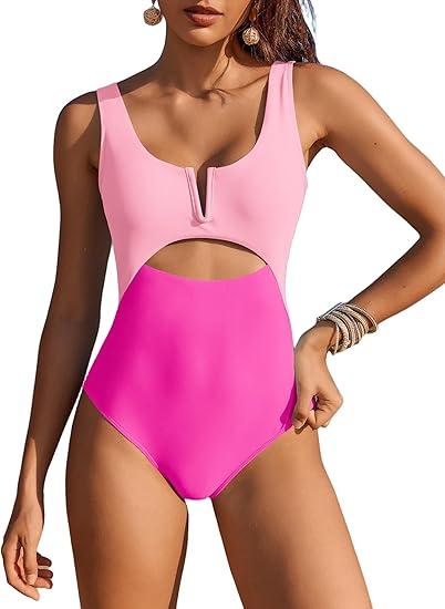 AI'MAGE Womens One Piece Swimsuits Tummy Control Bathing Suit 2025 Cutout High Waisted V Neck Monokini Swimwear Small