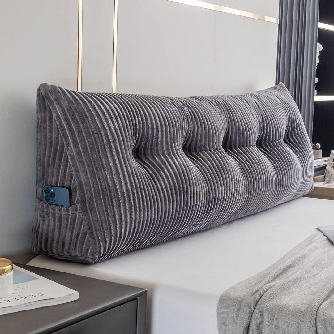 Large Triangular Headboard Wedge Bed Rest Reading Pillow Backrest Positioning Support Bolster Cushion with Removable Cover (Grey, Queen: 59x8x20 Inches)
