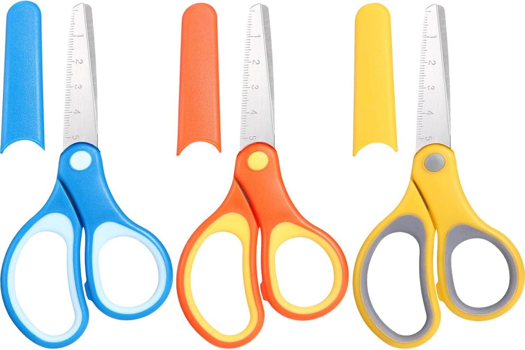 Honoson 3 Pieces Kids Scissors Blunt Tip 6" Small Stainless Safety Scissors with Cover for Toddler Preschool Age 4-7 8 9 Children Teacher School Craft Christian Supplies
