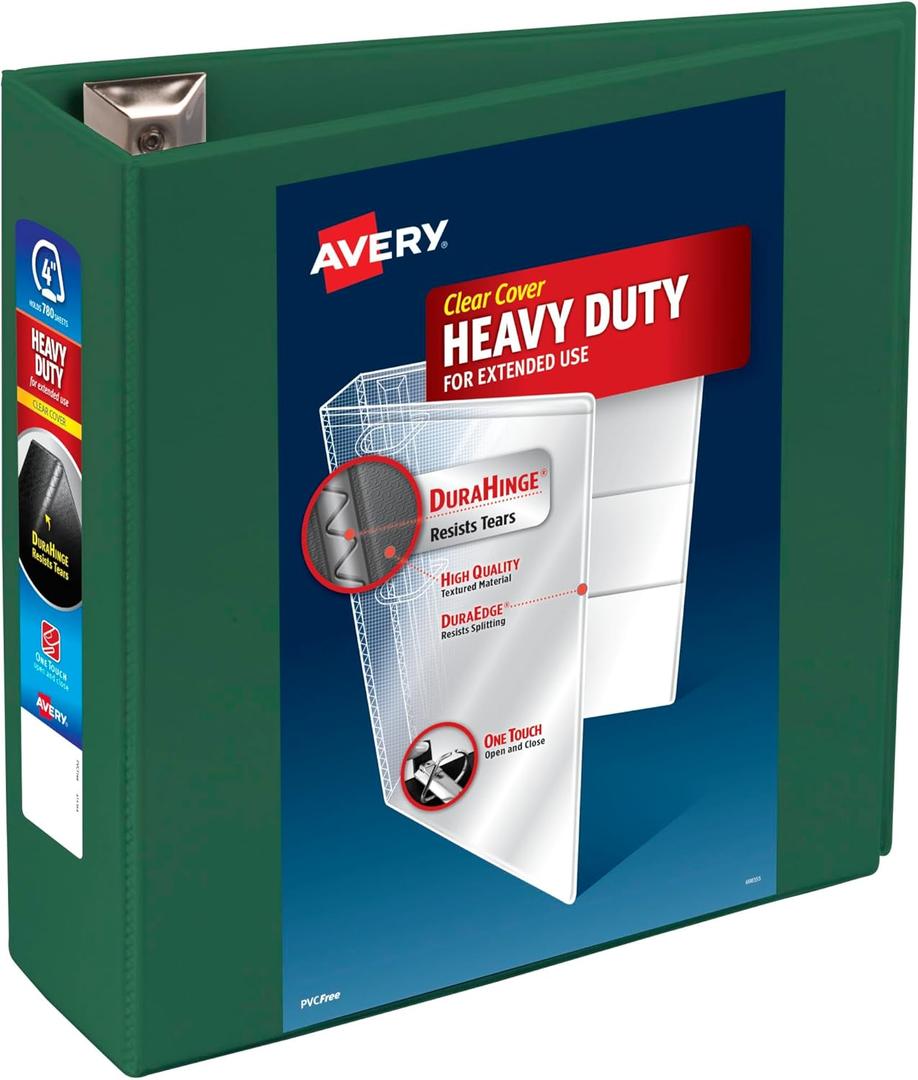 Avery Heavy-Duty View 3 Ring Binder, 4 Inch One Touch EZD Rings, 780-Sheet Capacity, 4.5 Inch Wide Spine, Customizable Clear Cover and Spine, 1 Green Binder (79110)