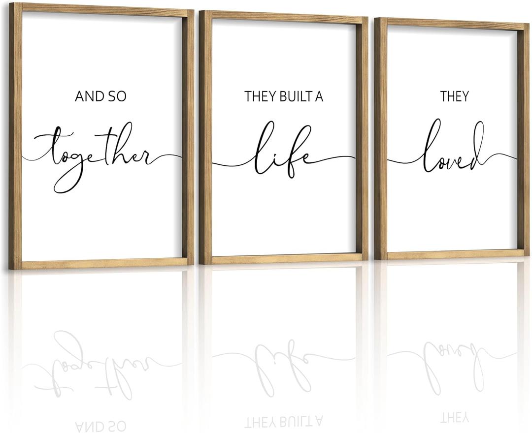 Houmury Framed Set of 3 And So Together They Built A Life They Loved Above Bed Wall Decor Wall Art for Farmhouse Home Bedroom Kitchen Living Room Wood Signs (Brown,12"x16")