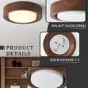 Walnut Wood Flush Mount Ceiling Light Fixture,13 Inch Ceiling Light with Frosted Glass Shade,High Deep Profile Round Ceiling Lights for Hallway Bedroom Closet Livingroom