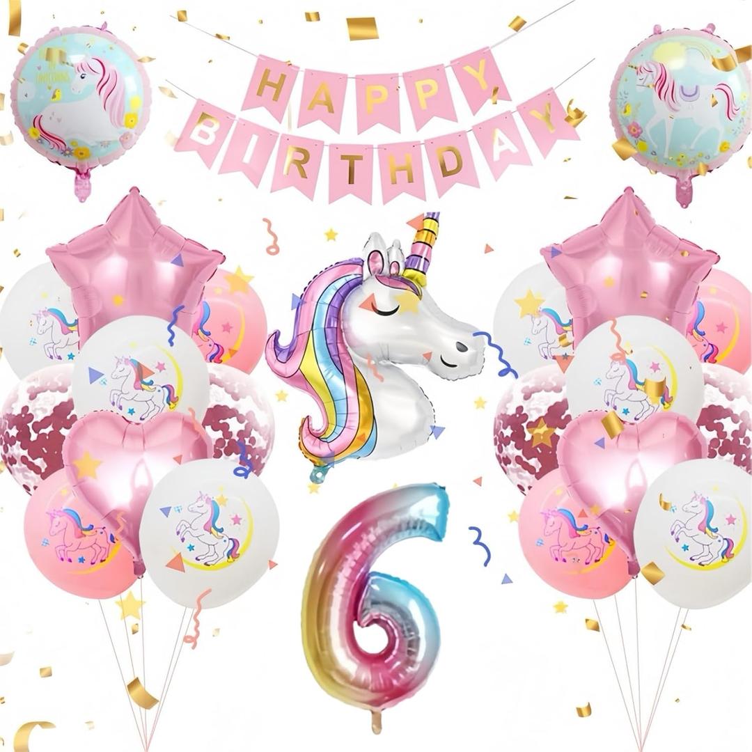 Unicorn Birthday Party Decorations for Girls,6th Birthday Party Balloon Set with Happy Birthday Banner,Foil Balloons Large Unicorn Balloons and Heart and Star Baby Shower Party Supplie (Number 6)