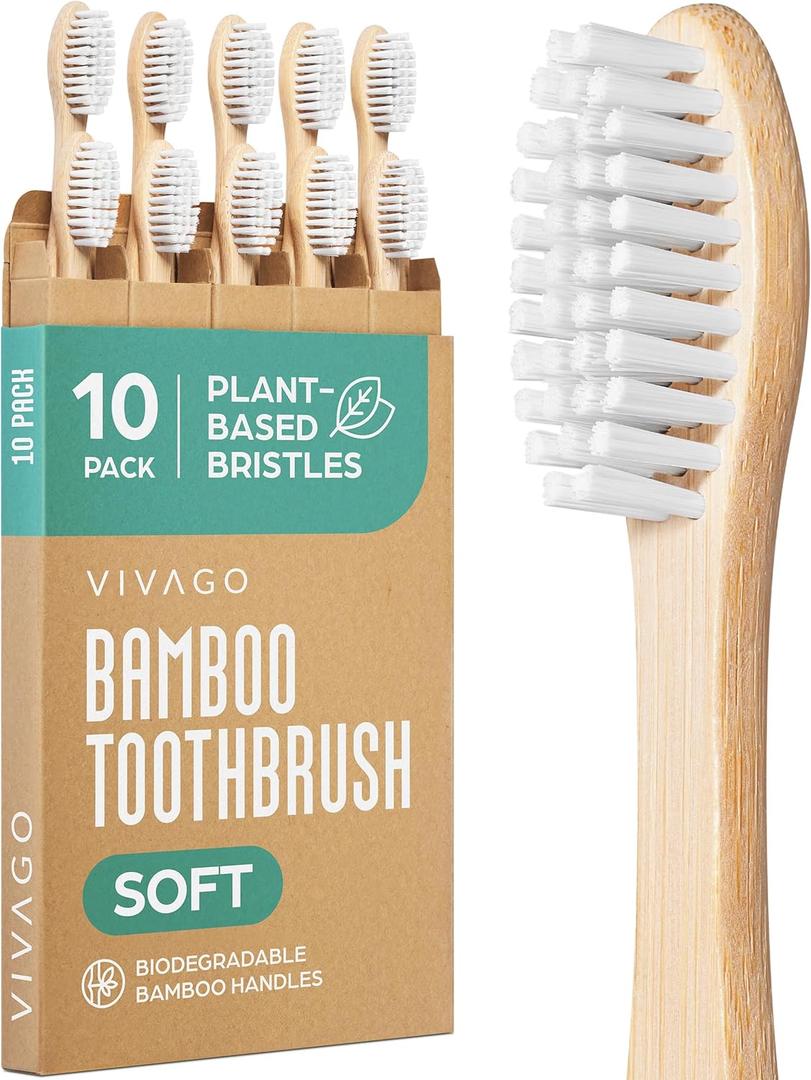Bamboo Toothbrushes 10 Pack  Natural Toothbrushes, Plant-Based Soft Bristles  Eco-Friendly Wooden Toothbrush