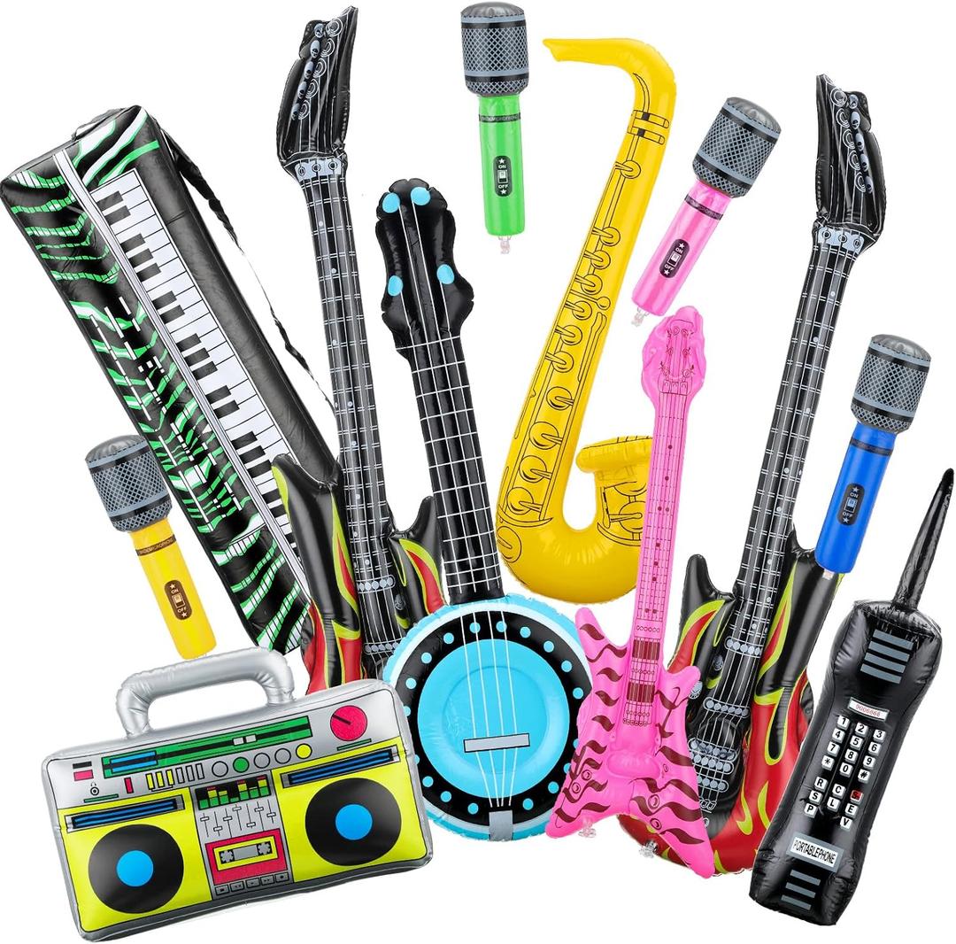 12 Pieces Inflatable Instruments Party Props Rock Star Toy Set Blow Up Guitars Inflatable Saxophone Bass Lute Microphones Mobile Phone Recorder Piano for 80s 90s Themed Party Photo Booth Decorations
