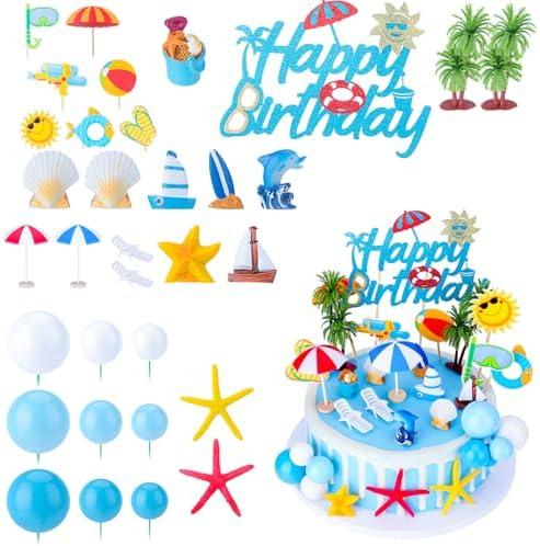 Guiqulai 33Pcs Summer Beach Cake Toppers, Hawaiian Ocean Pool Party Decorations for Birthday Cakes & Cupcakes, Tropical Blue Surfboard Starfish Coconut Tree Mini Figurines