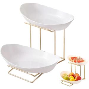 2 Tier Plastics Fruit Bowl for Kitchen CounterTiered Fruit Basket for countertopSnack PlateGold Metal Rust PreventionParty, Family, Birthday,Fully Welded Firmly (Gold&White)