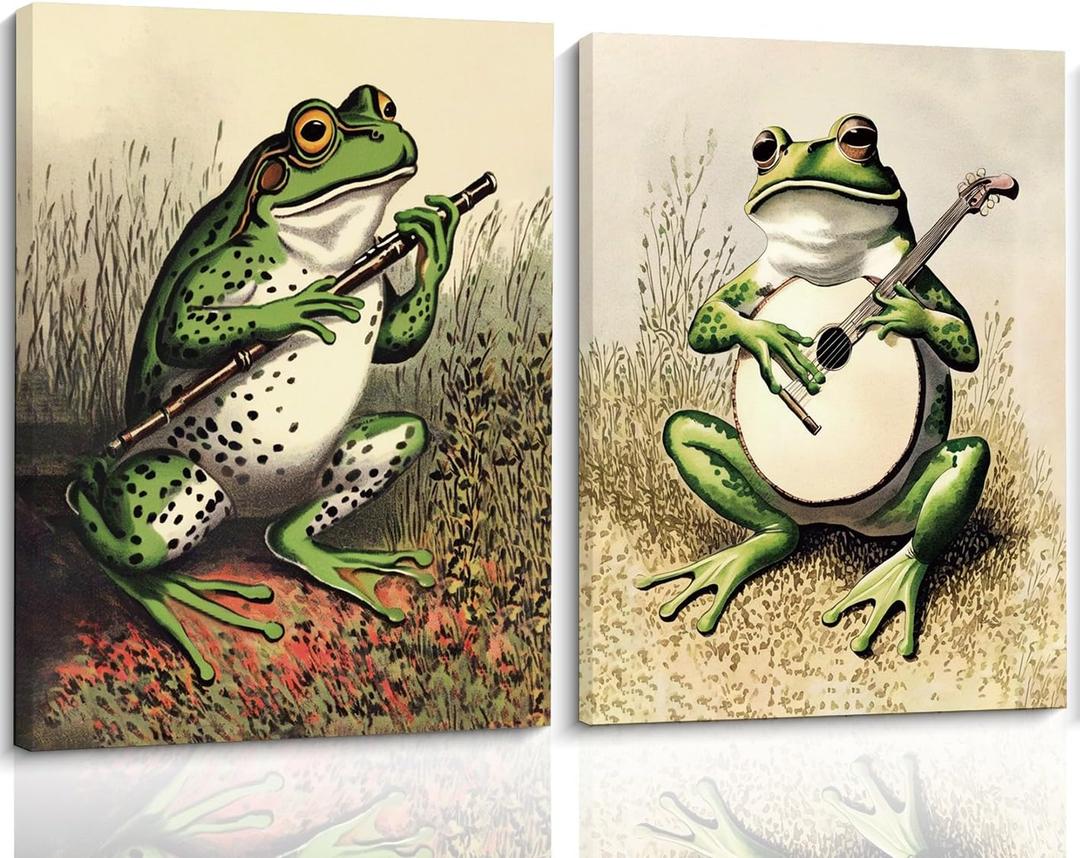 Vintage Musical Frogs Wall Art, 2 Piece Set, Funny Frog Playing Instruments Canvas Prints for Bedroom Living Room Bathroom Decor, 12x16 Inches Framed