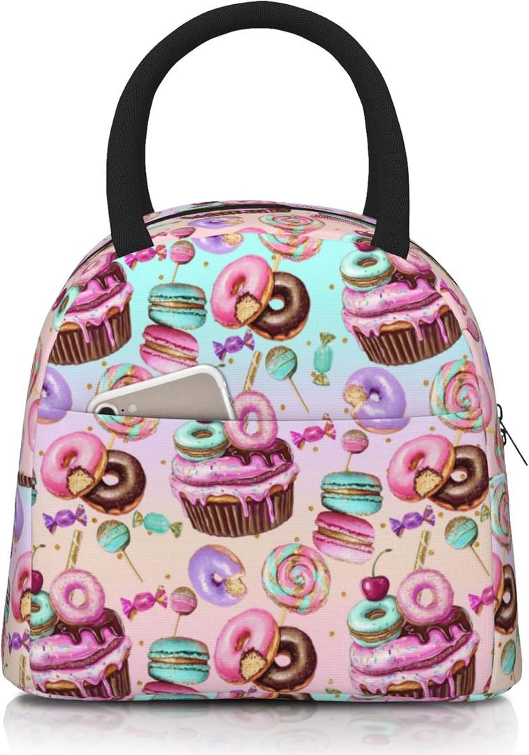 Pink Donut Lunch Bag for Woman Reusable Cute Colorful Dessert Dougnut Leakproof Insulated Lunch Box Cooler Tote Bag Food Snack Container for Men Woman Adult Work Travel Picnic