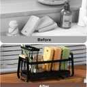 Stainless Steel Kitchen Sink Caddy, Kitchen Sponge Holder, with High Brush Holder, Adjustable Divider, Tilted Drain Pan, Multifunctional Sink Accessories, for Sponge, Soap, Dish Brush, Grey (black)