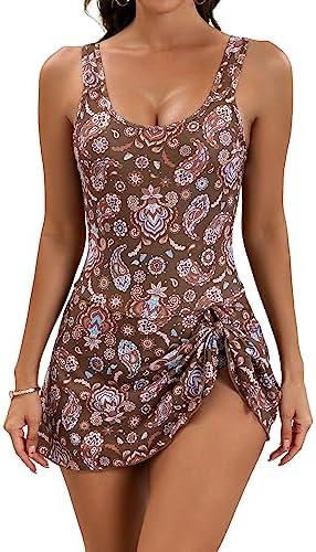 Eomenie One Piece Swimdress Swimsuits for Women Tummy Control Swim Dresses Skirt Bathing Suit, Brown Floral Printed, Size L