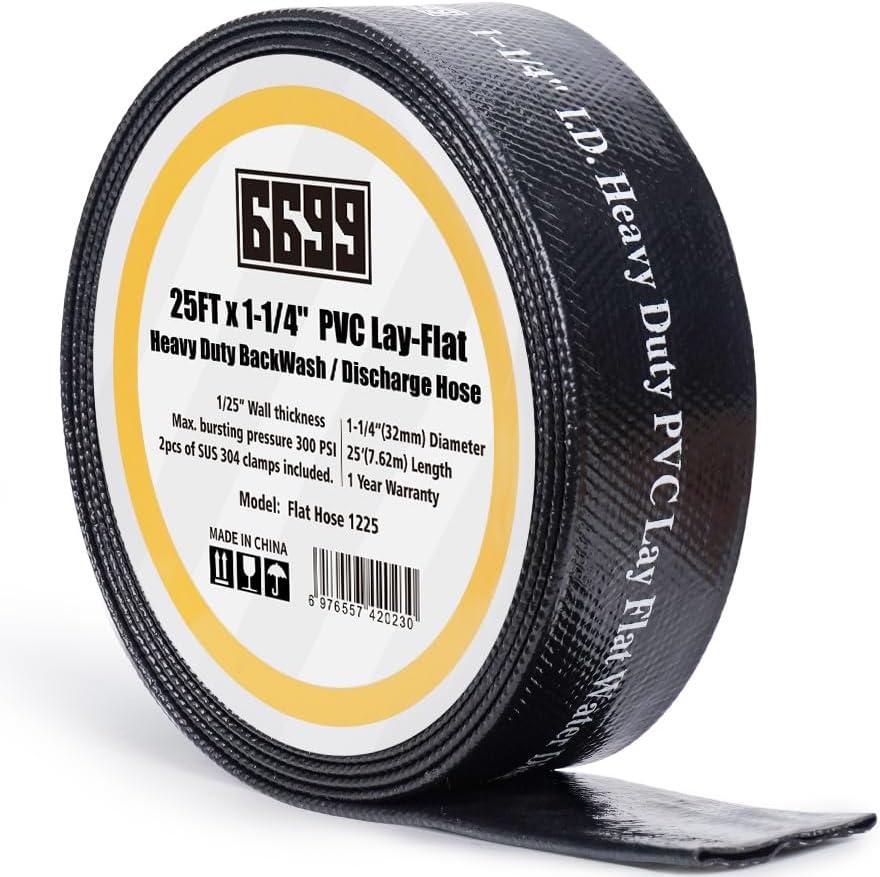1-1/4Pool Hose Heavy Duty PVC Lay Flat Backwash Hose 25FT with Clamps Easy to Use for Water Drainage