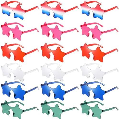 Kabcifea 18 Pairs Star Shaped Rimless Sunglasses Bulk for 4th of July Star Glasses Frameless Colorful Patriotic Sunglasses for Beach,Pool,Outdoors Photo Booth Props,Independence Day,6 Colors
