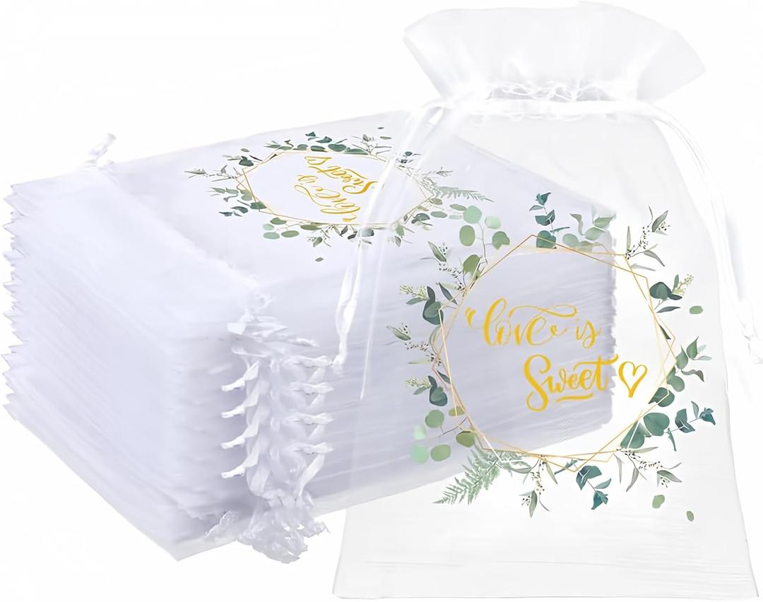 Windyun 200 Pcs Love Is Sweet Organza Bags for Wedding Treat 4 x 6 Inch Wedding Favor Candy Gift Bags Bulk Small Sheer Eucalyptus Leave Jewelry mesh pouches with Drawstring for Baby Shower Supply