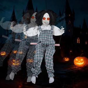 Joliyoou Halloween Decorations Outdoor, 31.5" H Sound Activated Hanging Boy Sitting on A Swing with Glowing Eyes, Creepy Sound & Kicking Legs, Life-Size Animatronic Ghost for Haunted House Decor