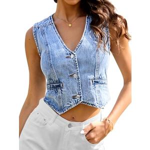 ELLEVEN Cropped Denim Vest Women Sleeveless Western Jean Vest Top for Women V-Neck Button Denim Top Vintage Sexy Y2K Waistcoat Gilet Blue Denim Small
