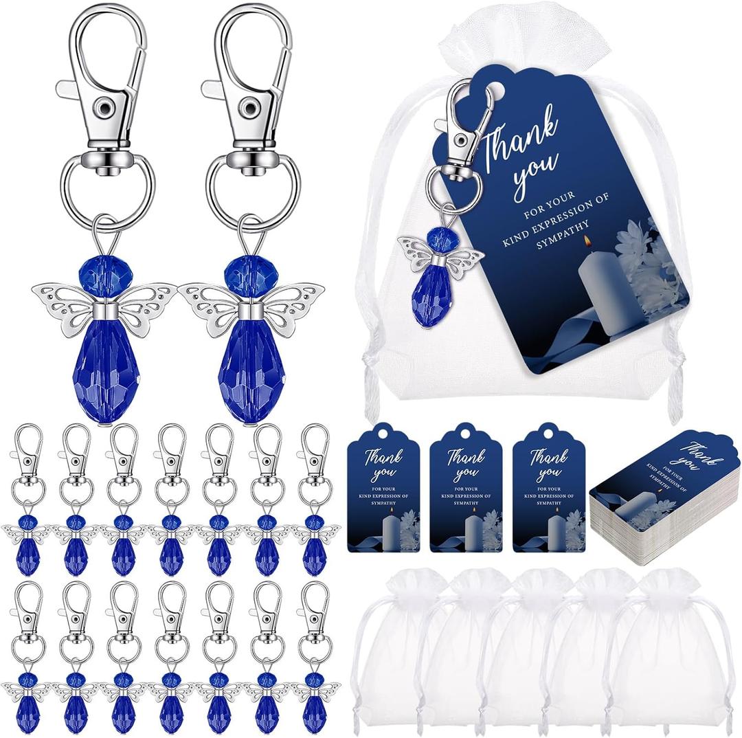 Hicarer 60 Set Funeral Favors, Celebration of Life Favors Angel Keychains Organza Bags Sympathy Thank You Tags for Memorial Party Supplies Guest Return Funeral Gifts (Blue)