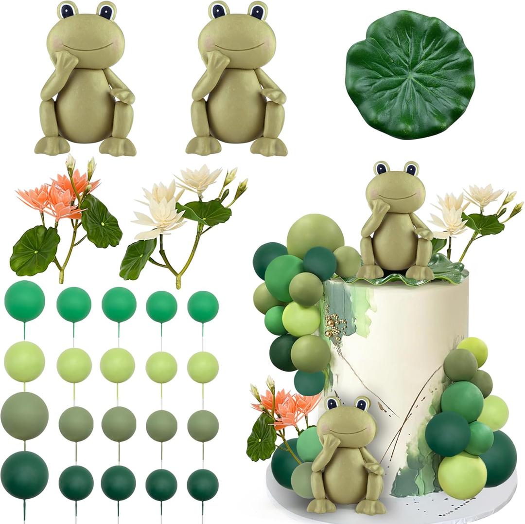 25 PCS Frog Cake Topper Frog Cake Decorations Ball Cake Topper for Boys Girls Frog Birthday Rainforest Party Decoration