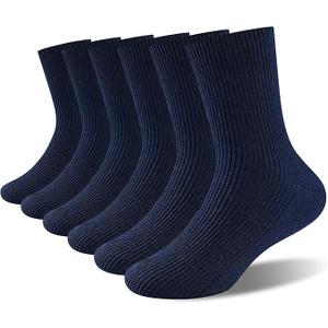Unisex Kids 100% Natural Cotton Socks, Soft Moisture Wicking Dress Crew Socks for Boys and Girls, Navy Blue