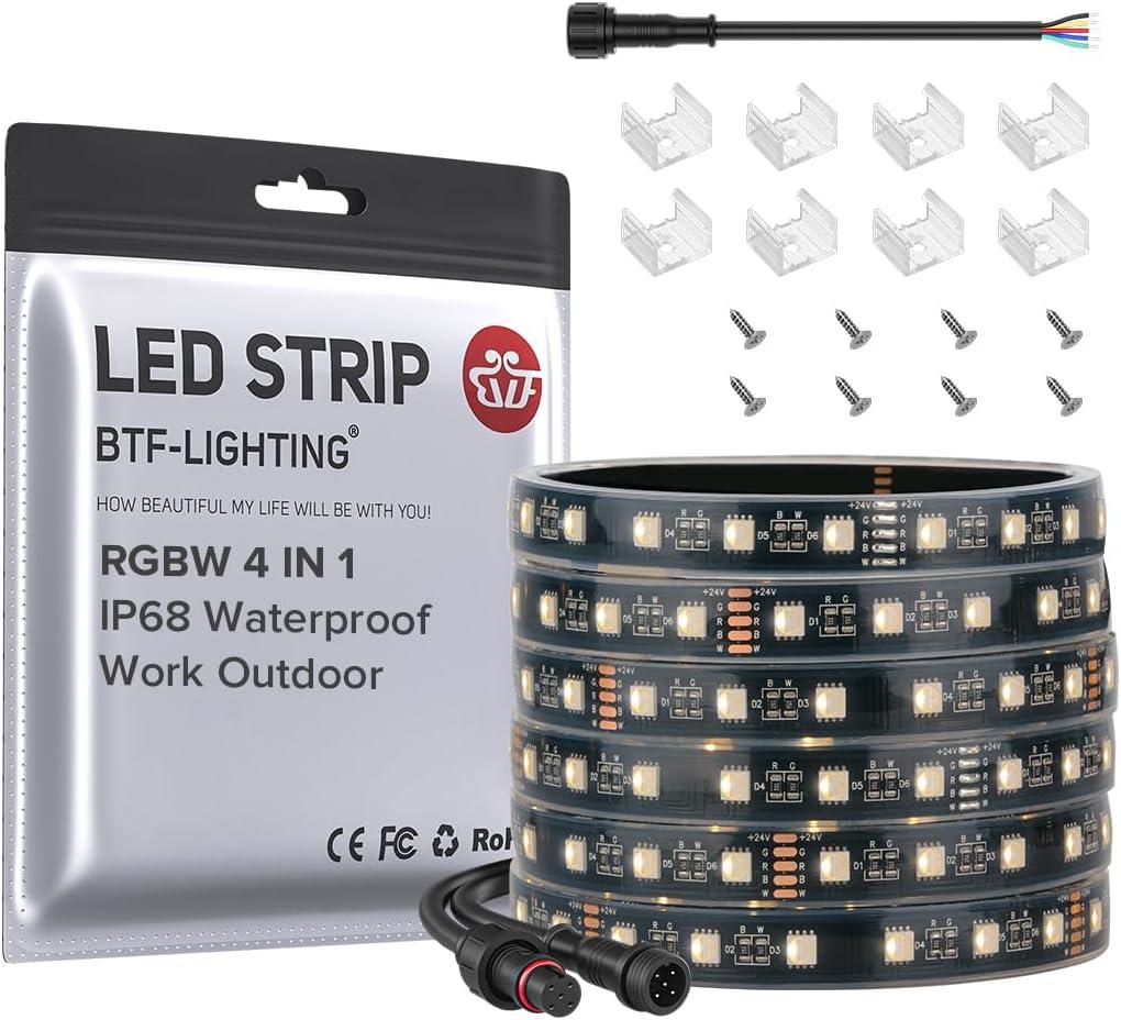 BTF-LIGHTING IP68 Waterproof Outdoor RGBW LED Strip 5050SMD RGB+Warm White(3000K-3500K) 4 Colors in 1 DC24V 16.4ft 5m 60LED/m Multi-Colored Tape Lights Can Work Outdoor(No Adapter or Controller)