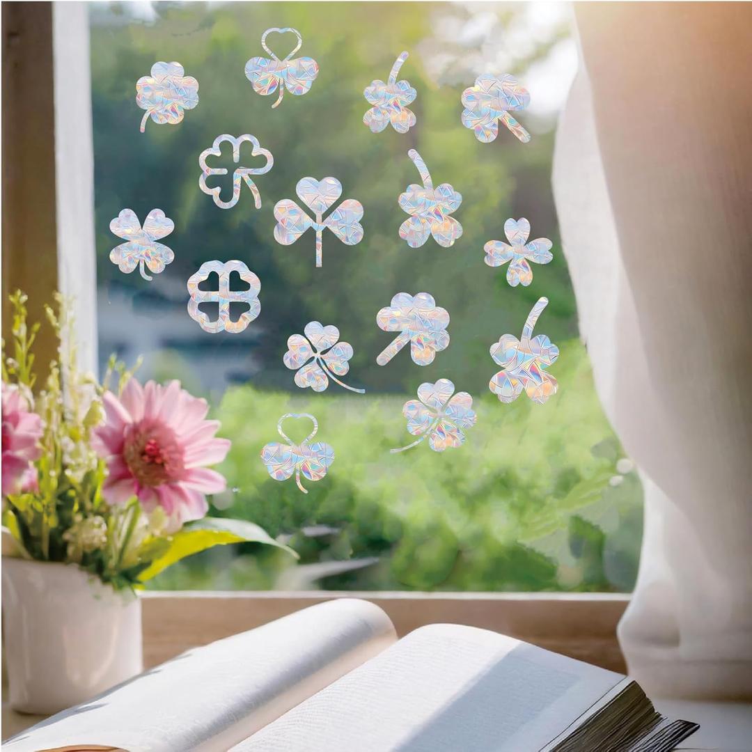 48PCS Shamrock Window Decals for Bird Strikes Anti Collision Decals to Save Birds from Collisions,Non Adhesive Reusable Vinyl Rainbow Window Stickers